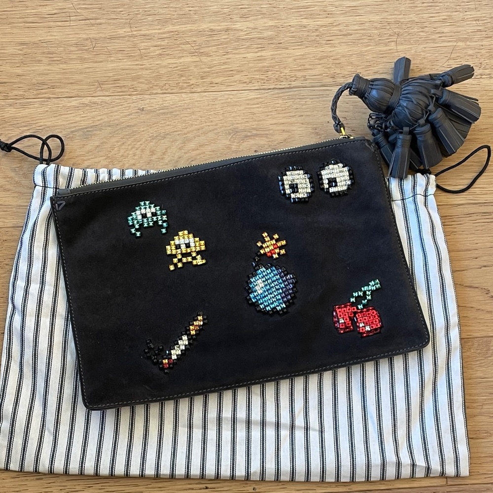 Anya Hindmarch Space Invaders Eyes Clutch Black Leather Embroidered Pouch Collec